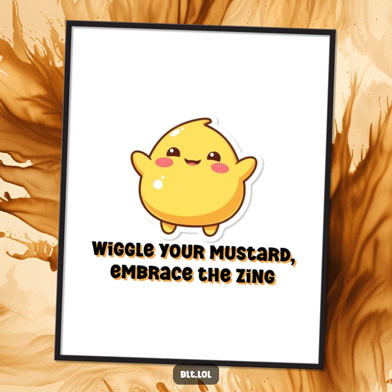 Funny Free Printable Wall Art of a playful mustard blob character performing a silly, energetic wiggle.