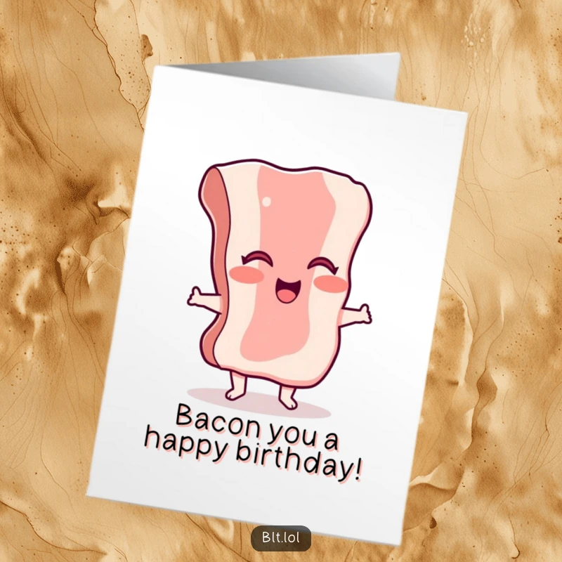 Funny Free Printable dancing bacon character, giggling with joy on a birthday card.