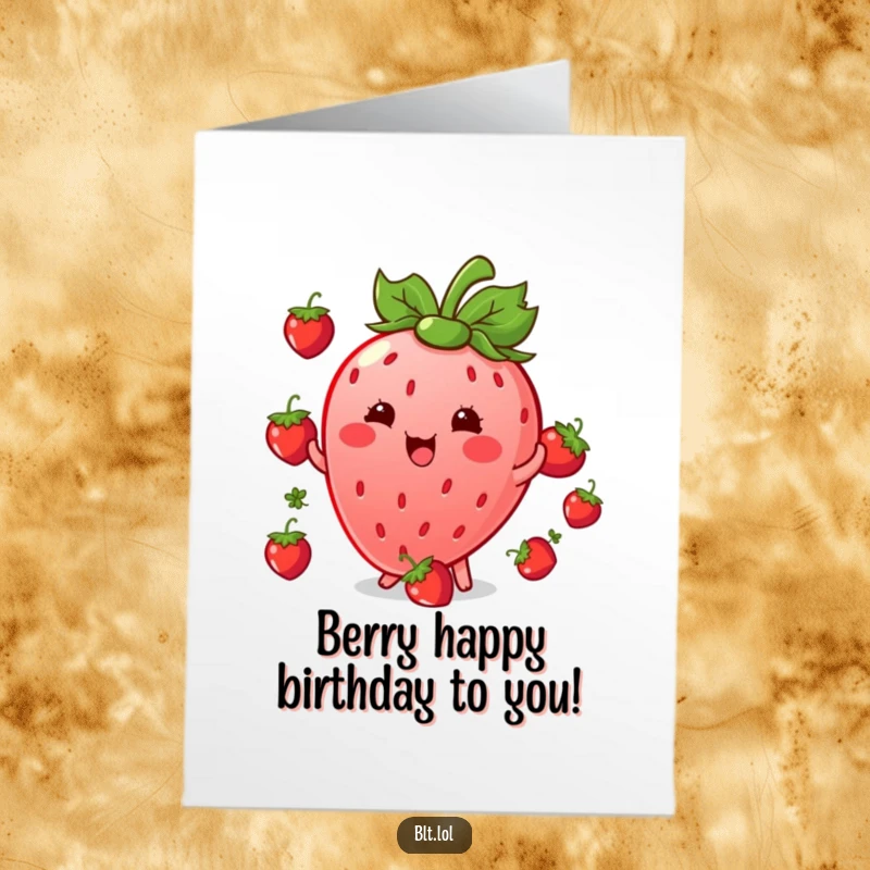 Funny Free Printable Birthday Card: Giggling Kawaii strawberry character expertly juggling small berries, a playful and downloadable greeting.