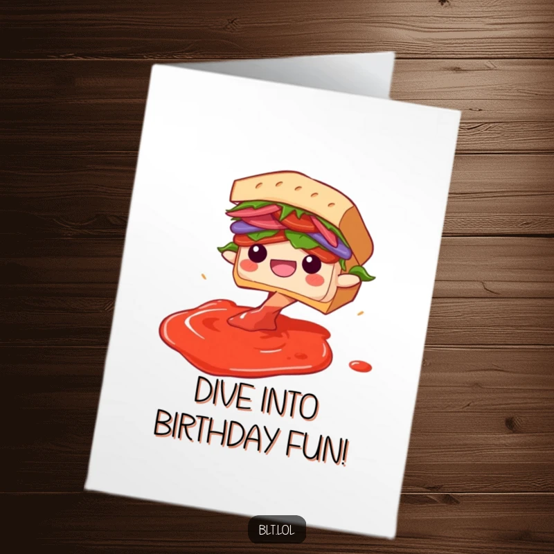 Funny Free Printable Birthday Card: A BLT sandwich character gleefully diving headfirst into a pool of imaginary sauce, symbolizing pure delight.