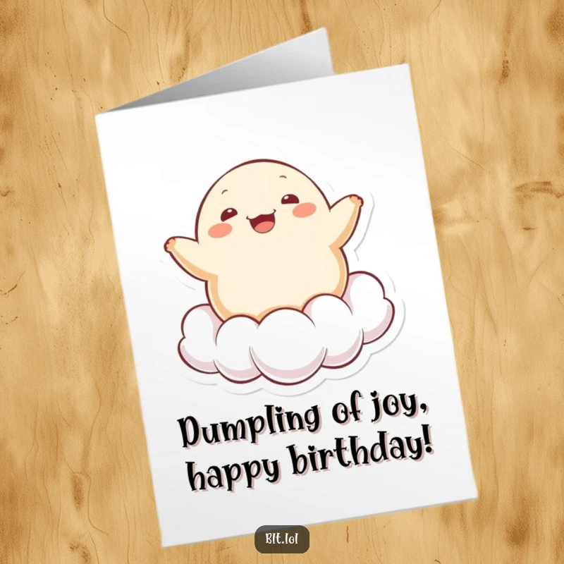 Funny Free Printable Birthday Card: Cheerful Kawaii dumpling character happily bouncing on a fluffy cloud, a whimsical and downloadable greeting.