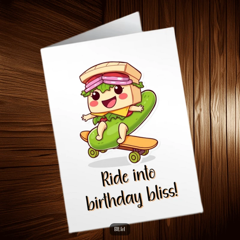 Funny Free Printable Birthday Card: A smiling BLT sandwich character confidently riding a giant pickle like a skateboard, cruising with a cool demeanor.