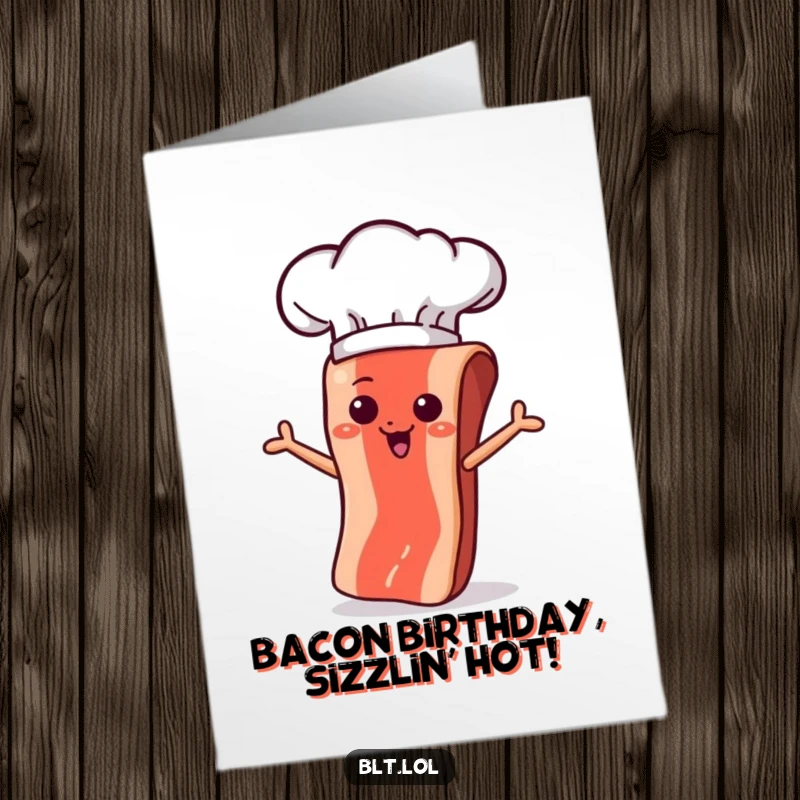 Funny Free Printable Birthday Card: A bacon strip wearing a chef hat, expertly flipping itself in a show of delicious celebration.