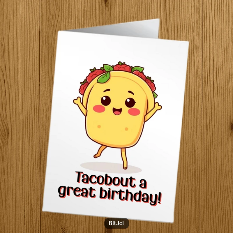 Funny Free Printable Birthday Card: Kawaii taco with tiny legs salsa dancing with joy, a festive and hilarious downloadable greeting.