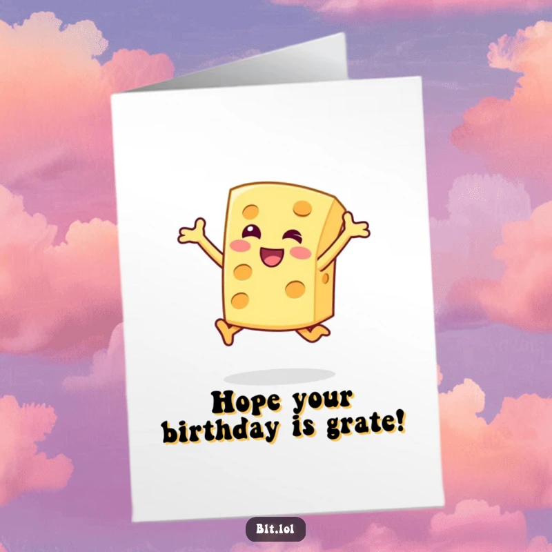 Funny Free Printable Birthday Card featuring a happy cheese slice character mid-air in a joyful jump.