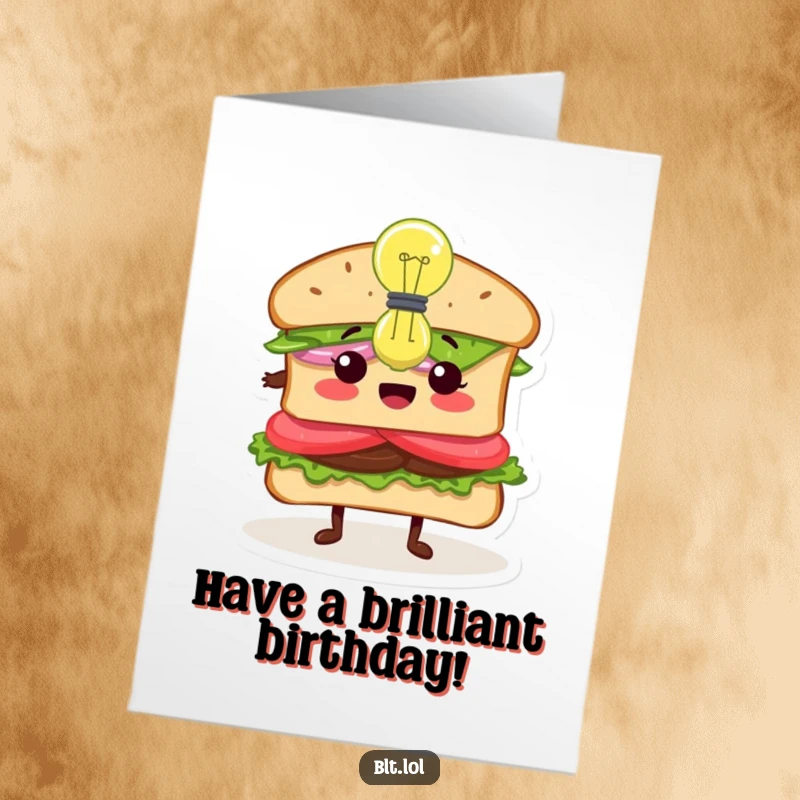 Funny Free Printable BLT sandwich with a glowing lightbulb above its head, symbolizing a brilliant birthday idea and inspiration.