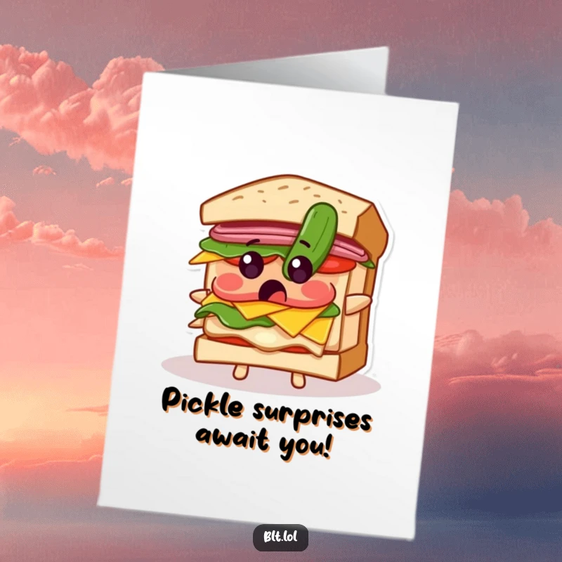 Funny Free Printable BLT Sandwich Birthday Card: A BLT character looks shocked as a pickle falls from above, adding birthday surprise.