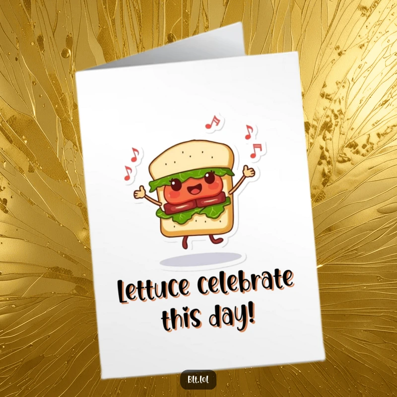 Funny Free Printable BLT sandwich dancing with musical notes, spreading birthday cheer with a groovy, fun design.