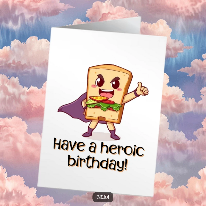 Funny Free Printable BLT Sandwich Birthday Card: A BLT character striking a bold superhero pose, ready to defend the birthday cake.