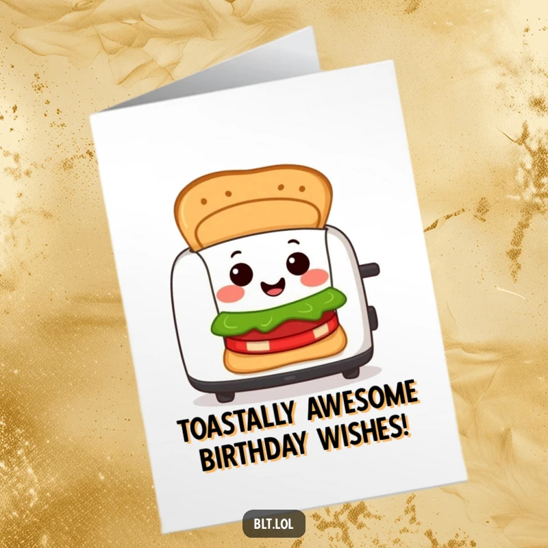 Funny Free Printable BLT Sandwich Card: Cheerful character pops from toaster, smiling, wishing Happy Birthday, perfect DIY gift.