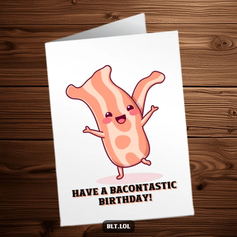 Funny Free Printable Bacon Cartwheel Birthday Card, a cheerful bacon strip performing a cartwheel, radiating birthday happiness.