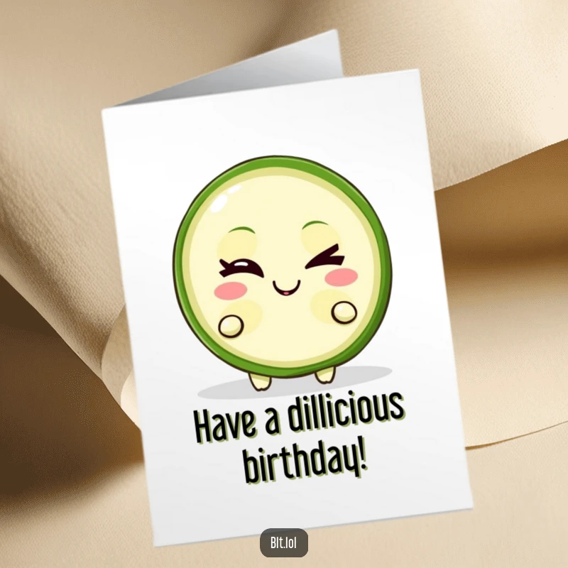 Funny Free Printable Birthday Card featuring a pickle slice character winking with a mischievous, cheeky grin.