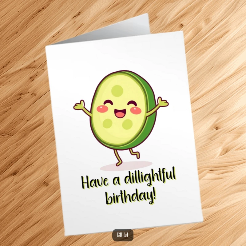 Funny Free Printable pickle slice doing a cartwheel, arms and legs extended, smiling, a lively birthday card.