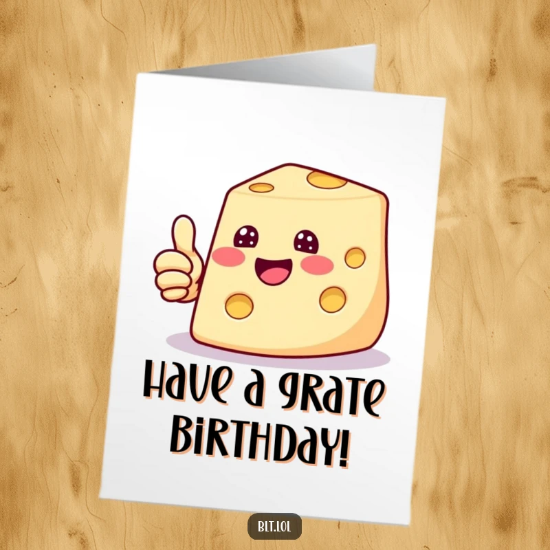 Funny Free Printable birthday card: A beaming cheese slice with a huge grin giving a confident thumbs up.