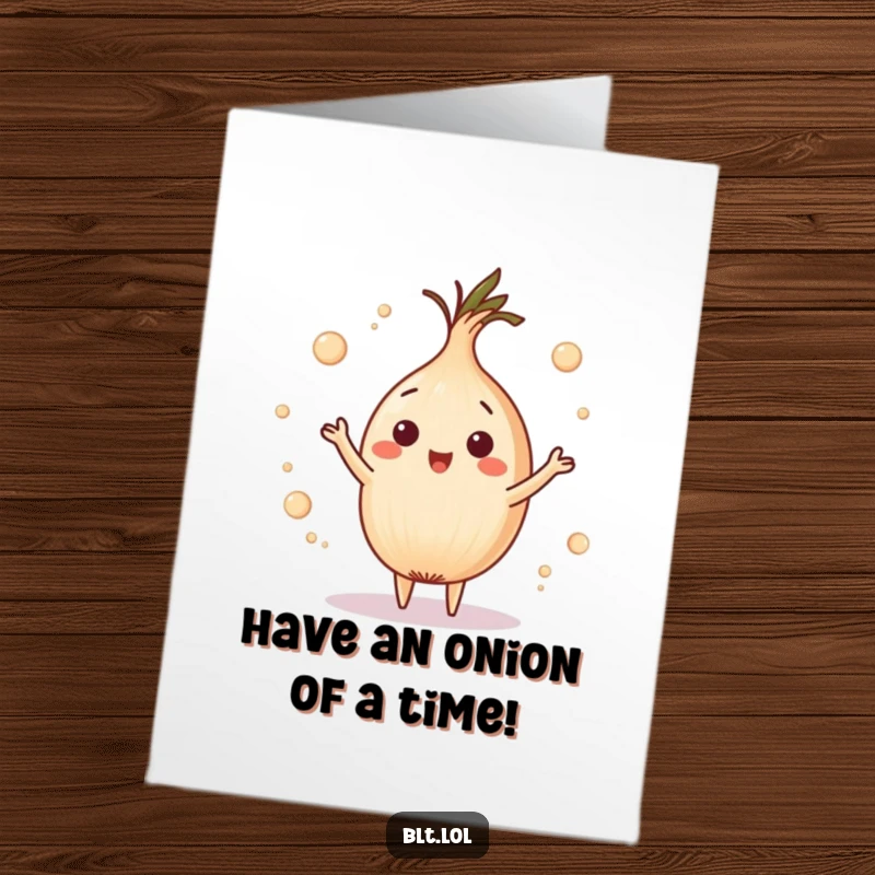 Funny Free Printable Birthday Card: A playful onion ring expertly juggling small rings, celebrating with flair.