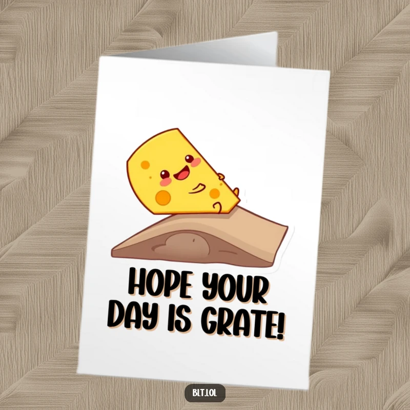 Funny Free Printable cheese slice giggling while sliding down a ramp, a hilarious birthday card.