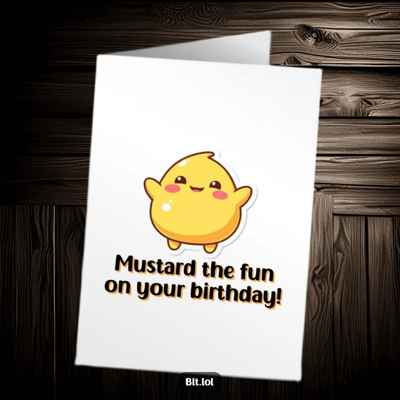 Funny Free Printable Birthday Card featuring a playful mustard blob doing a hilarious silly wiggle.