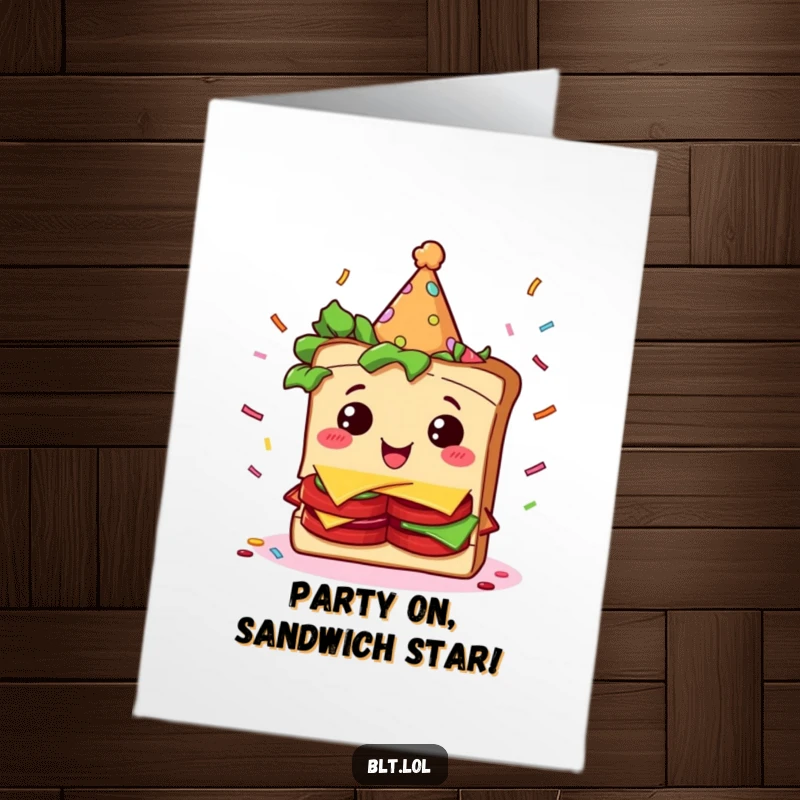 Funny Free Printable Birthday Card: Giddy BLT sandwich character in a party hat, celebrating with falling confetti.