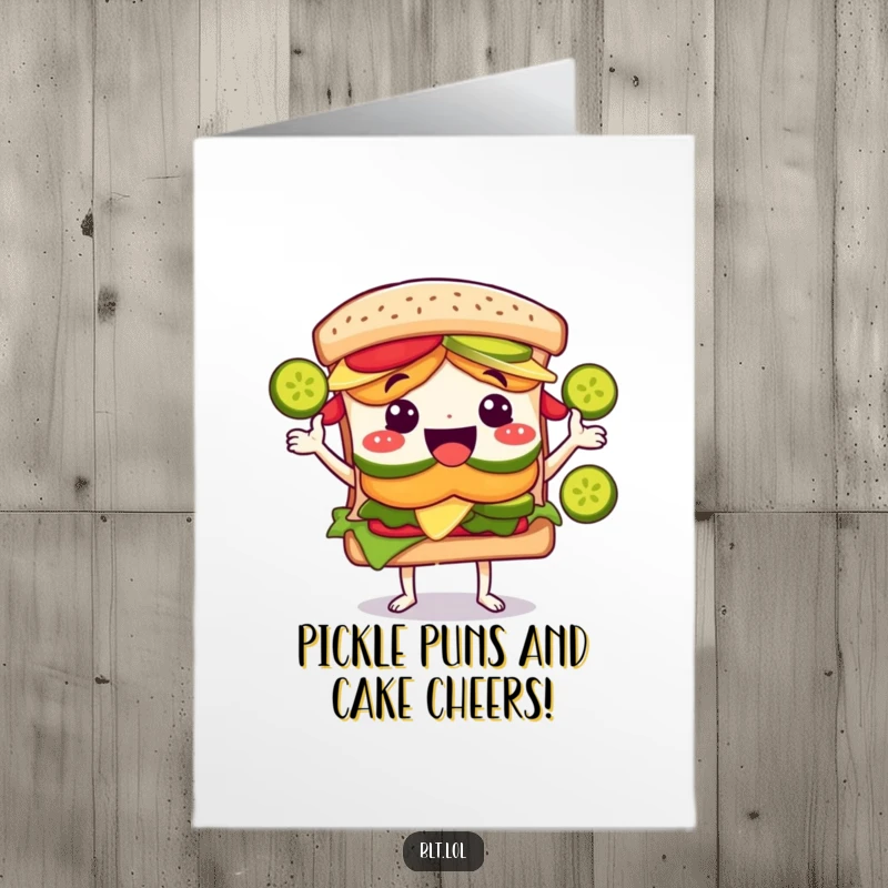 Funny Free Printable Birthday Card: Joyous BLT character hilariously juggling pickle slices with a massive grin.