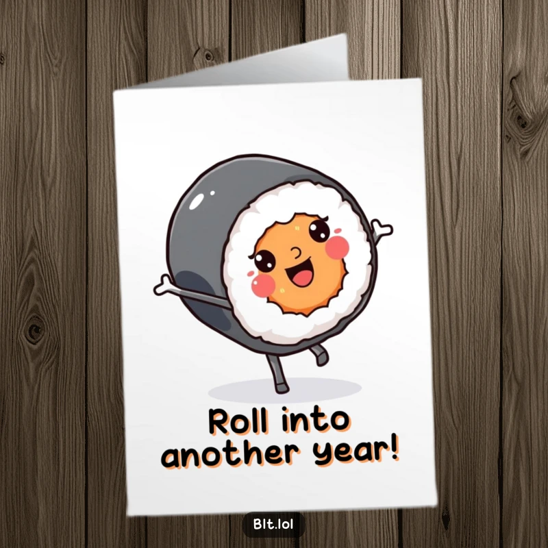 Funny Free Printable Birthday Card: Smiling Kawaii sushi roll performing a cartwheel with joy, a hilarious and energetic downloadable greeting.