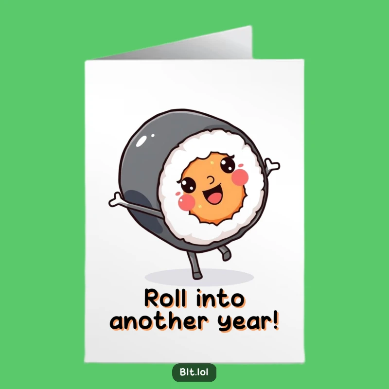 Free Printable Birthday Card: Funny Kawaii Sushi Cartwheel - Downloadable Gift