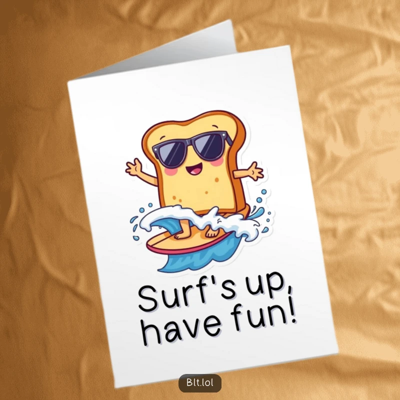 Funny Free Printable bread slice with sunglasses surfing a big blue wave, a cool birthday card.