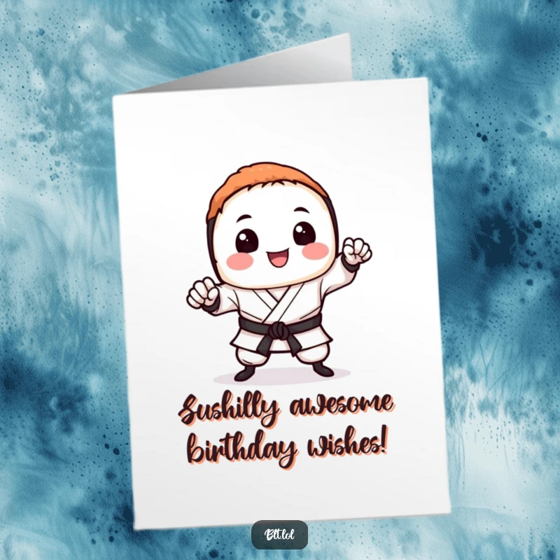 Funny Free Printable Sushi Karate Chop Birthday Card, a smiling sushi piece delivering a powerful chop, perfect for laughs.