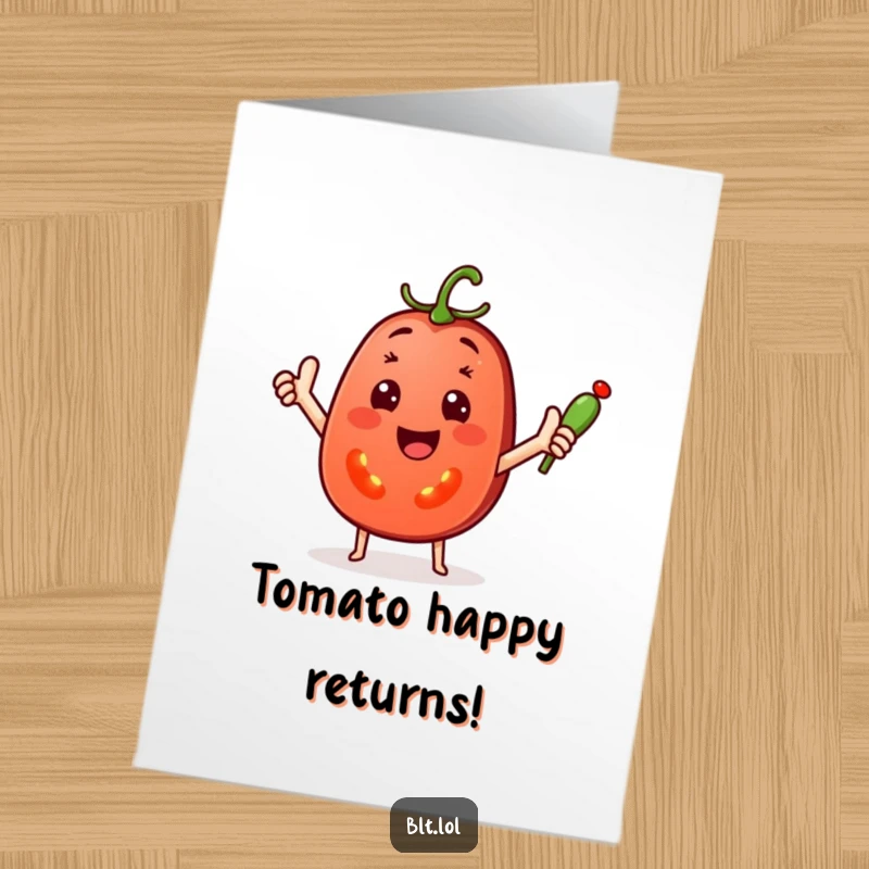 Funny Free Printable Birthday Card: cheerful tomato slice waving a tiny pickle spear, bringing festive cheer.