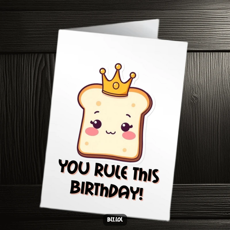 Funny Free Printable Birthday Card: A charming bread slice character proudly wearing a tiny, golden crown.