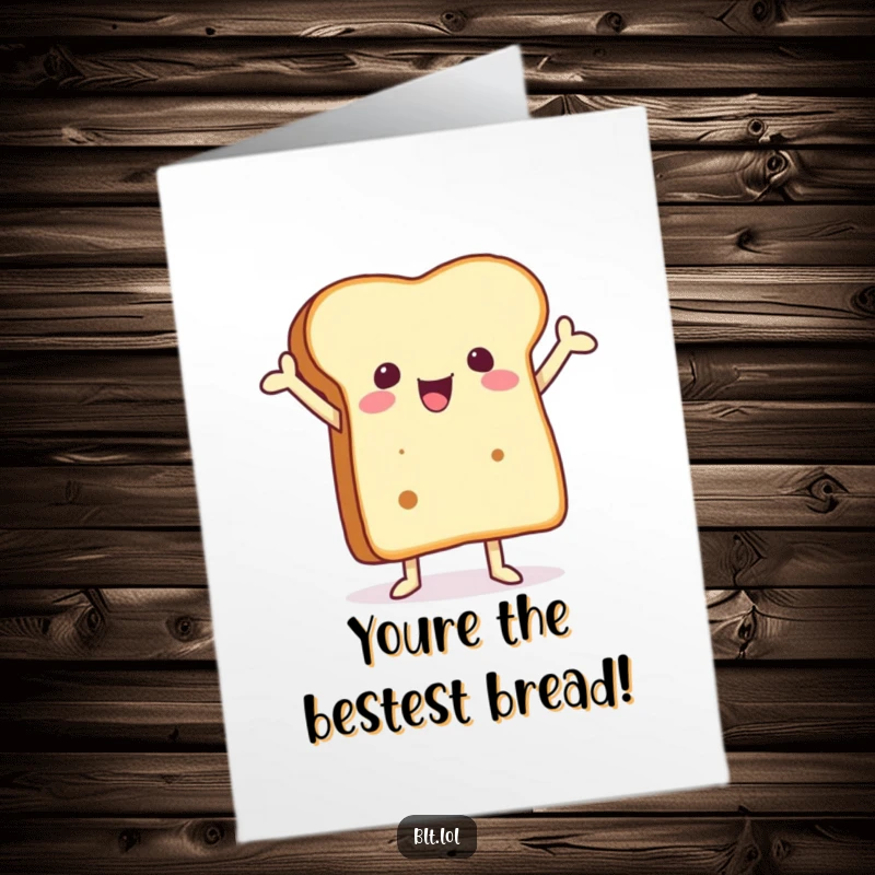 Funny Free Printable Birthday Card: Joyful bread slice with arms up, celebrating birthdays with downloadable happiness.