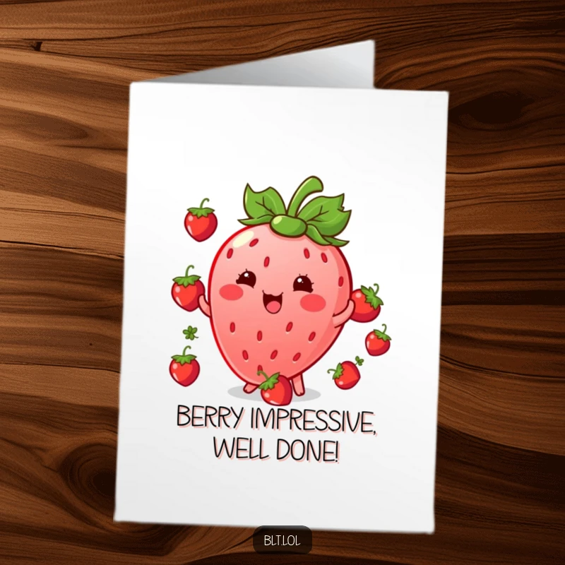 Funny Free Printable Congratulations Card: Kawaii strawberry character giggling while juggling small berries, a dynamic and downloadable celebratory message.