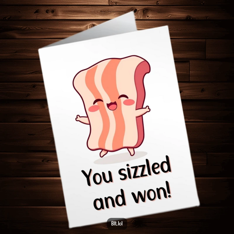 Giggling Free Printable bacon character dancing with joy, perfect for a funny congratulations card.