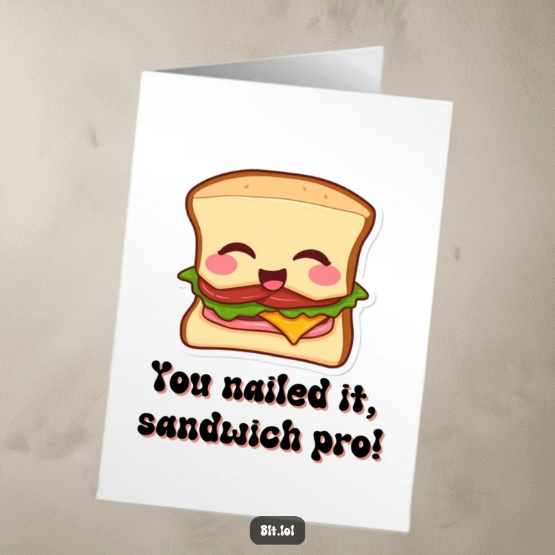 Funny Free Printable BLT Mic Drop Congratulations Card, a cool BLT sandwich winking as it drops a mic, signifying success.
