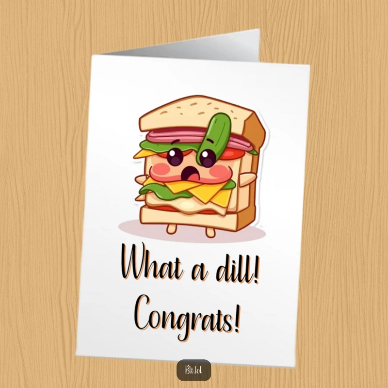 Funny Free Printable BLT Sandwich Congratulations Card: A BLT character reacts with surprise to a falling pickle, celebrating a delightful outcome.