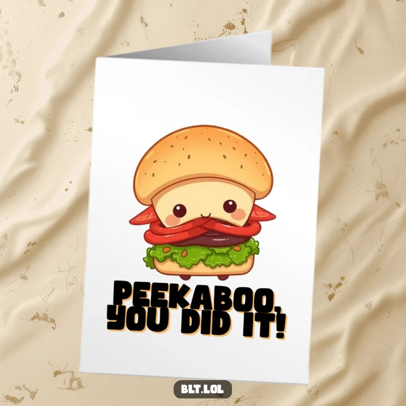 Funny Free Printable BLT sandwich peeking coyly from behind a huge bun, celebrating a special occasion with a hint of mystery.