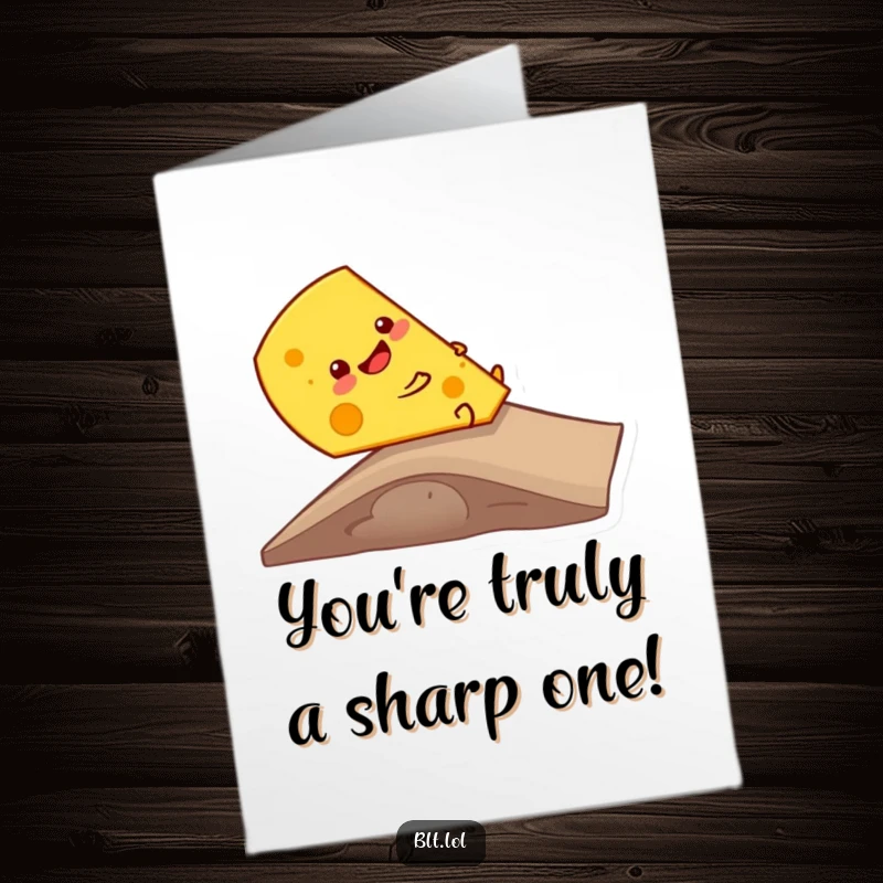 Funny Free Printable cheese slice sliding down a ramp with a big grin, perfect for congratulations.