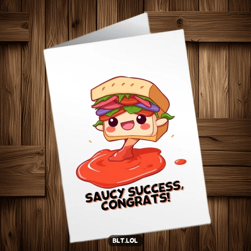 Free Printable Congratulations Card: A BLT sandwich character joyfully diving into a pool of imaginary sauce, celebrating a big win with enthusiasm.