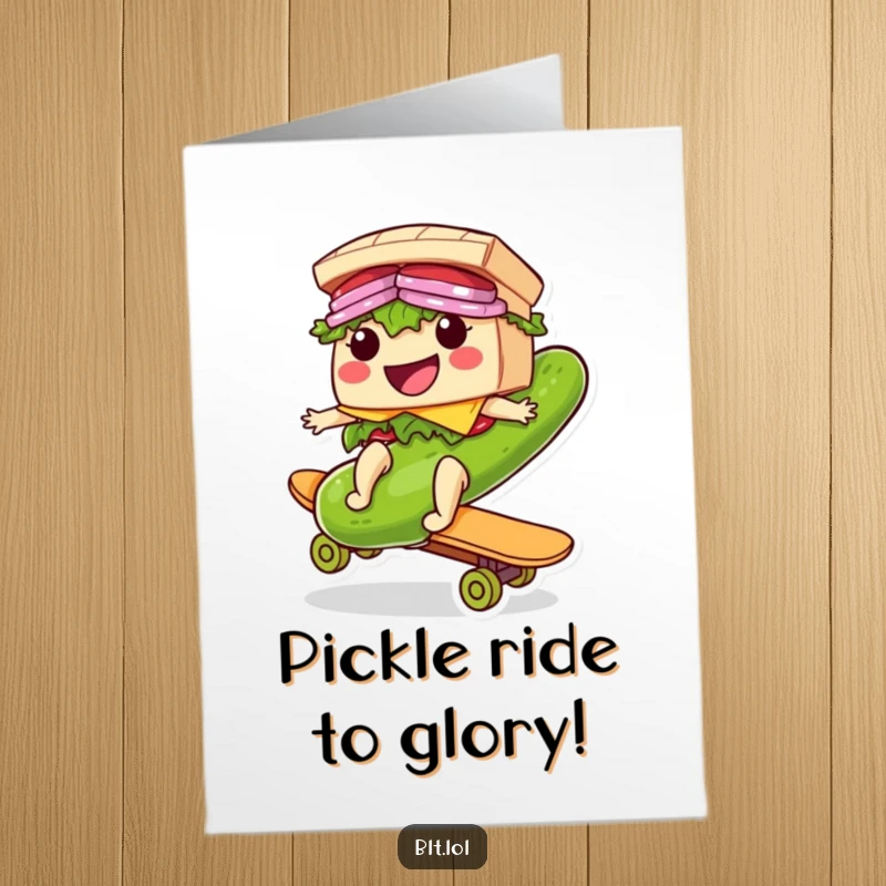 Free Printable Congratulations Card: A smiling BLT sandwich character skillfully riding a giant pickle as a skateboard, celebrating a big achievement with style.
