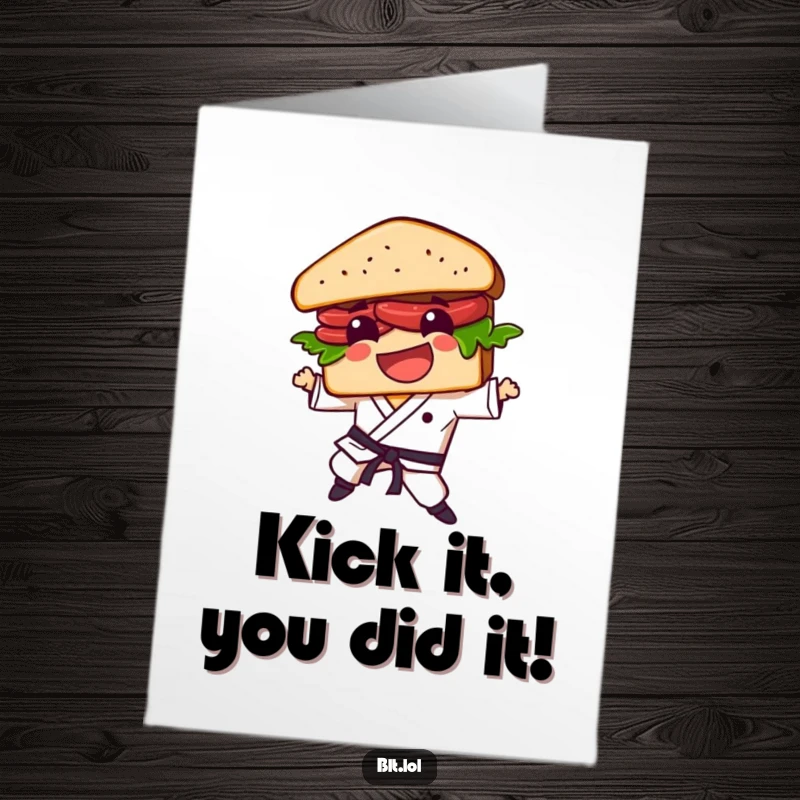 Free Printable Congratulations Card: A BLT sandwich character in mid-karate kick, shouting with celebratory energy for a big win.