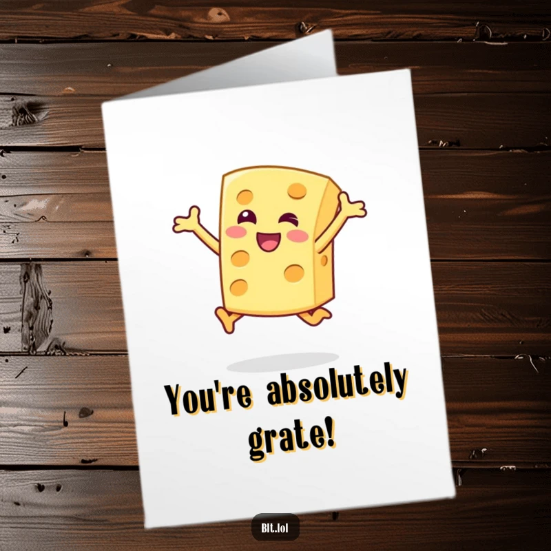 Funny Free Printable Congratulations Card with a happy cheese slice character performing an enthusiastic jump.