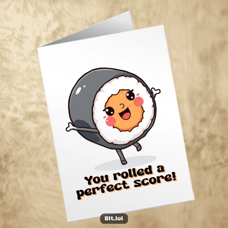 Funny Free Printable Congratulations Card: Kawaii sushi roll smiling while doing a cartwheel, a dynamic and humorous downloadable message of success.