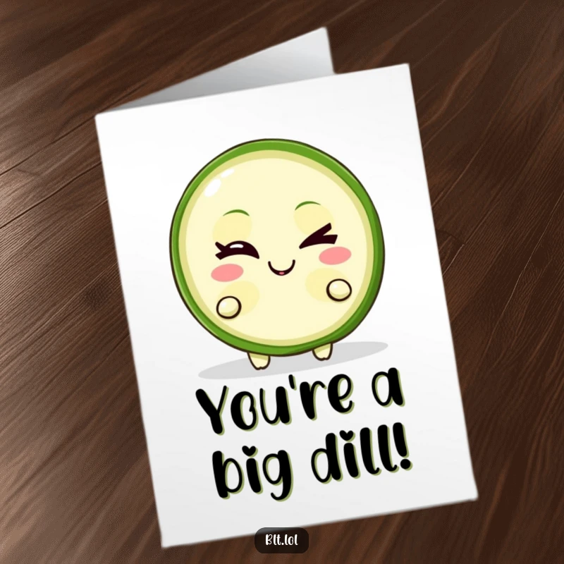 Funny Free Printable Congratulations Card with a pickle slice character showing a mischievous grin and a wink.