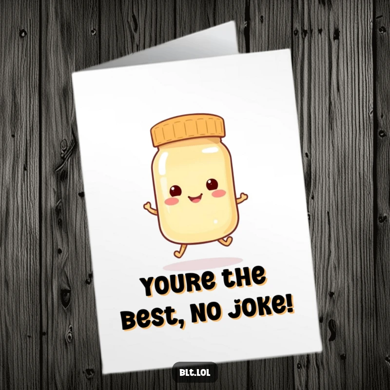 Funny Free Printable Congratulations Card: An anthropomorphic mayonnaise jar hopping with excitement. A joyful downloadable greeting.