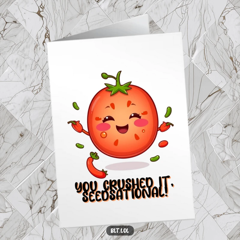 Funny Free Printable Congrats Card: Cheerful tomato slice juggling pepper seeds, celebrating success with a playful, energetic vibe.