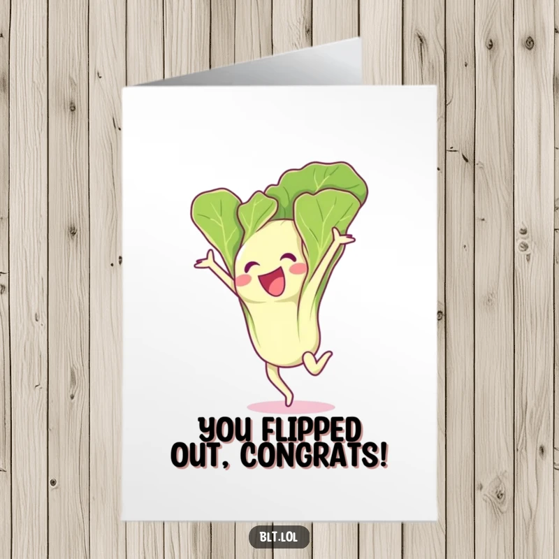 Free Printable Congratulations Card: An energetic lettuce leaf in mid-gymnastics flip, celebrating a fantastic accomplishment with zest.