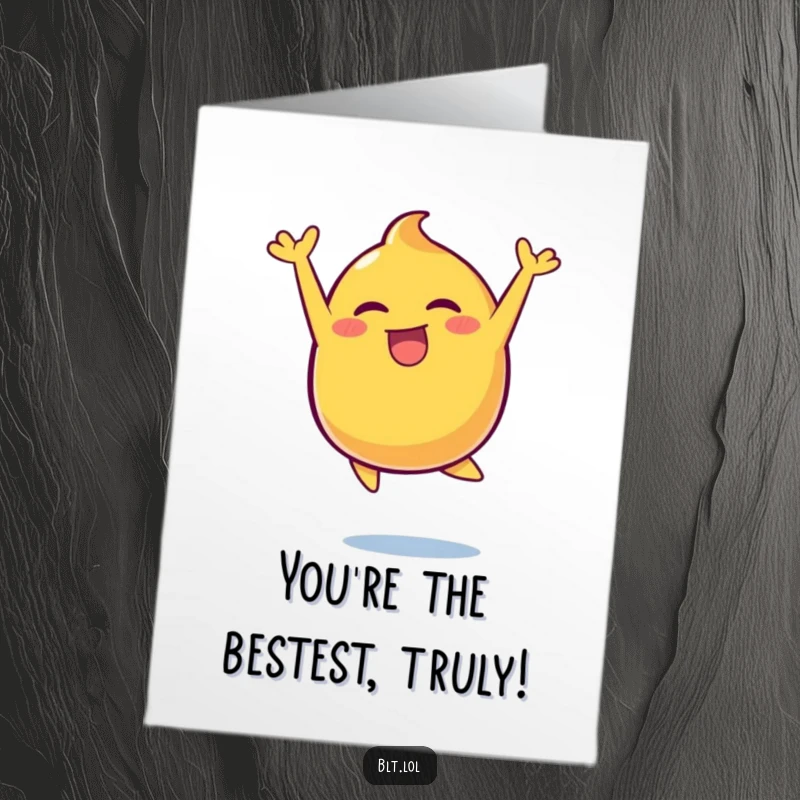 Funny Free Printable Congrats Card: An ecstatic yellow mustard blob captured mid-leap, showing exuberant excitement and playful energy.