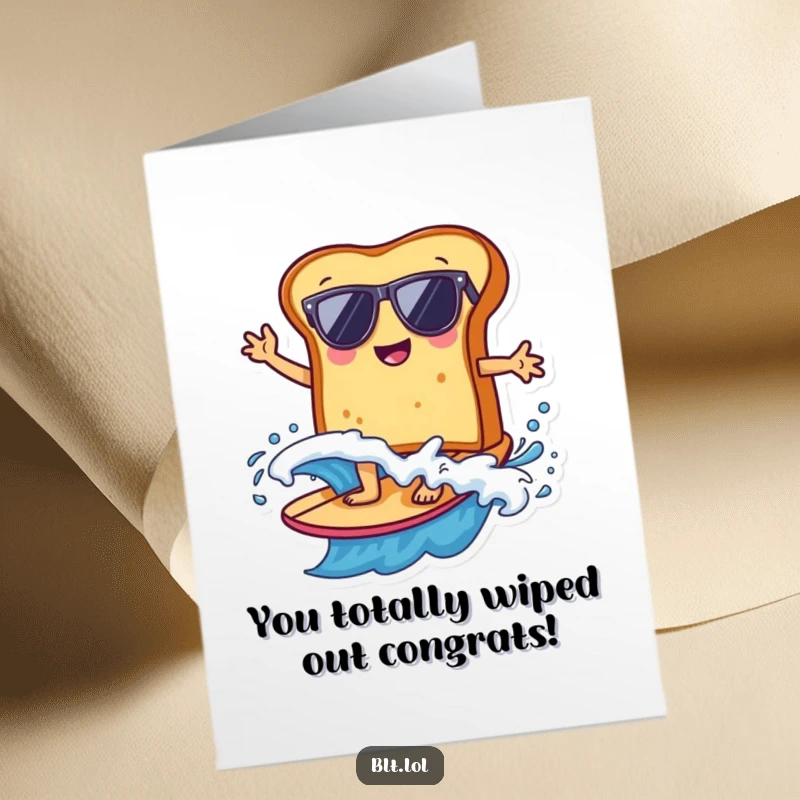 Funny Free Printable bread slice with sunglasses surfing a wave, looking cool and relaxed.