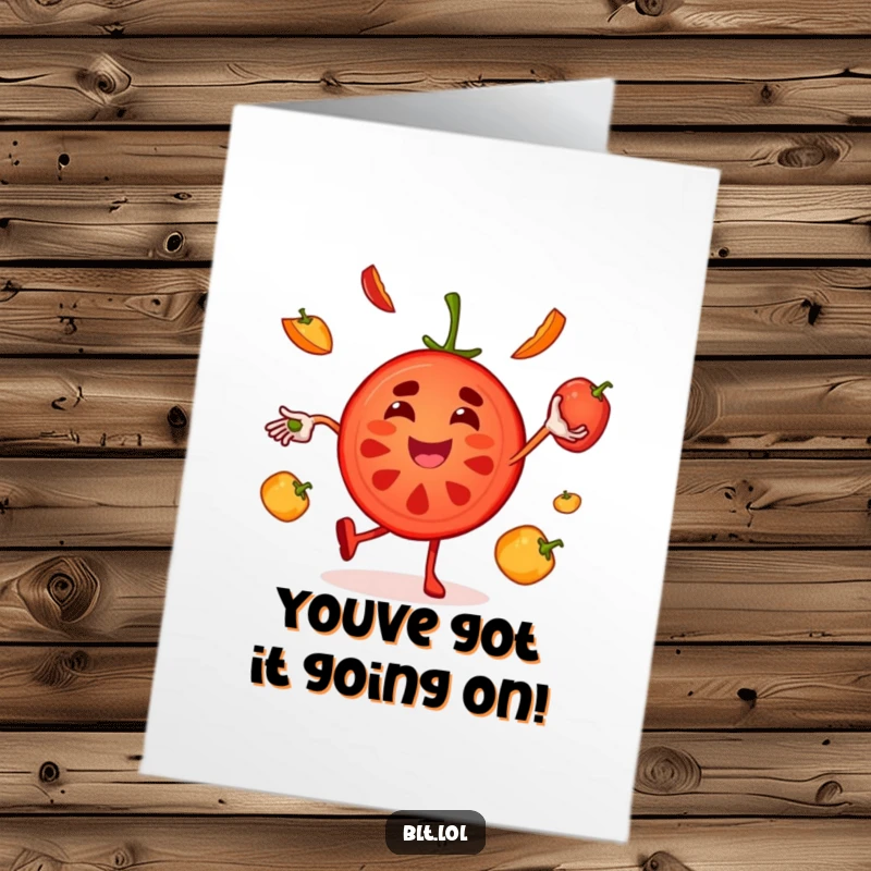 Funny Free Printable tomato slice character, juggling peppers with delight for congratulations.
