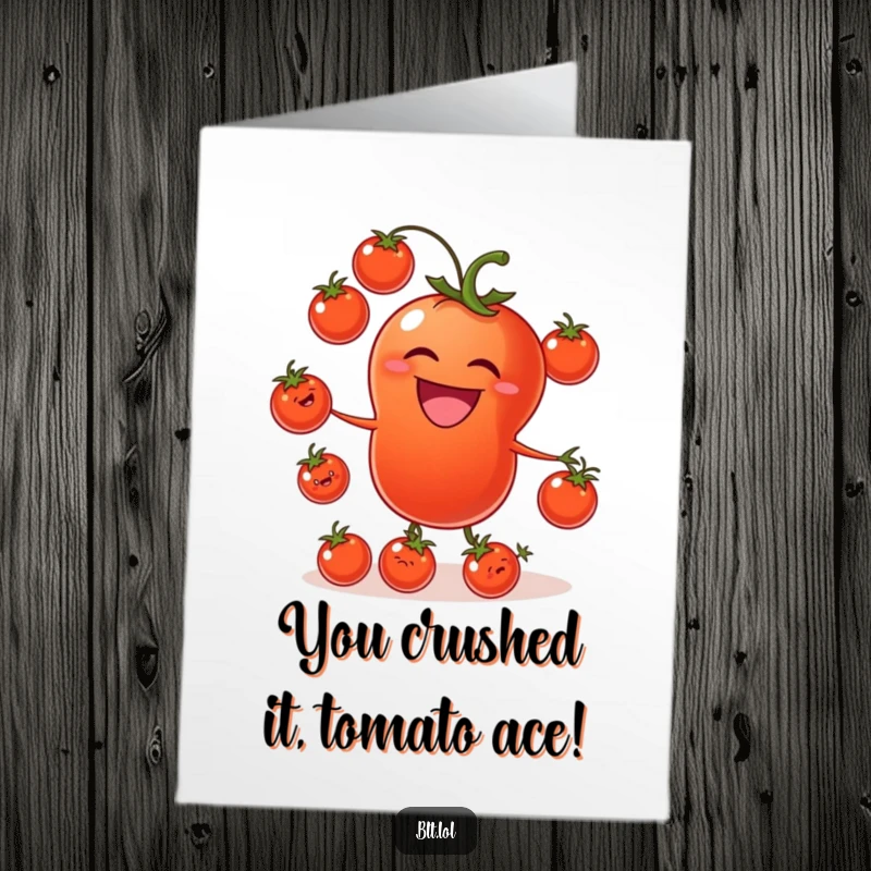 Funny Free Printable Tomato Juggling Congratulations Card, a laughing tomato juggling its friends, symbolizing a joyous achievement.