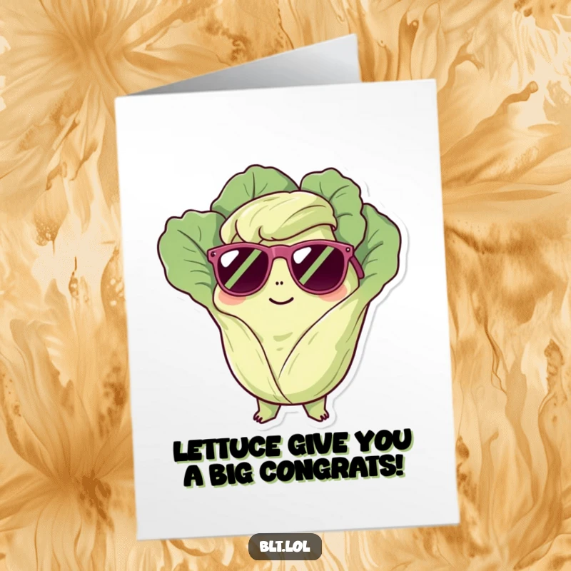 Funny Free Printable Congratulations Card showing a relaxed lettuce character in sunglasses, celebrating an awesome win.
